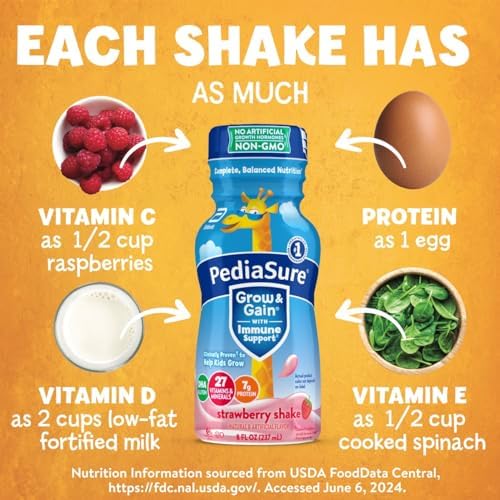 PediaSure Grow & Gain With Immune Support Kids Protein Shake 27 Minerals & Vitamins for Kids 7g Protein Helps Kids Catch Up On Growth Non-GMO Gluten-Free Strawberry 8-fl-oz Bottle Pack of 24