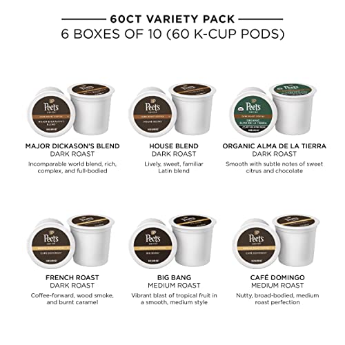Peet's Coffee  Bestseller's Variety Pack - Major Dickason's  Big Bang  French Roast  Café Domingo  Organic Alma De La Tierra  House Blend 60 Count (6 Boxes of 10 K-Cup Pods)
