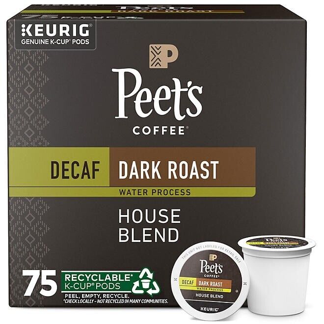 Peet's Coffee Decaf Dark Roast K-Cup Pods, House Blend, 75 Count - Rich Flavor, Keurig Compatible