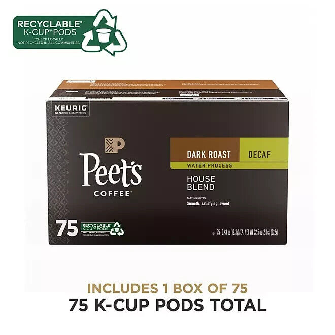 Peet's Coffee Decaf Dark Roast K-Cup Pods, House Blend, 75 Count - Rich Flavor, Keurig Compatible