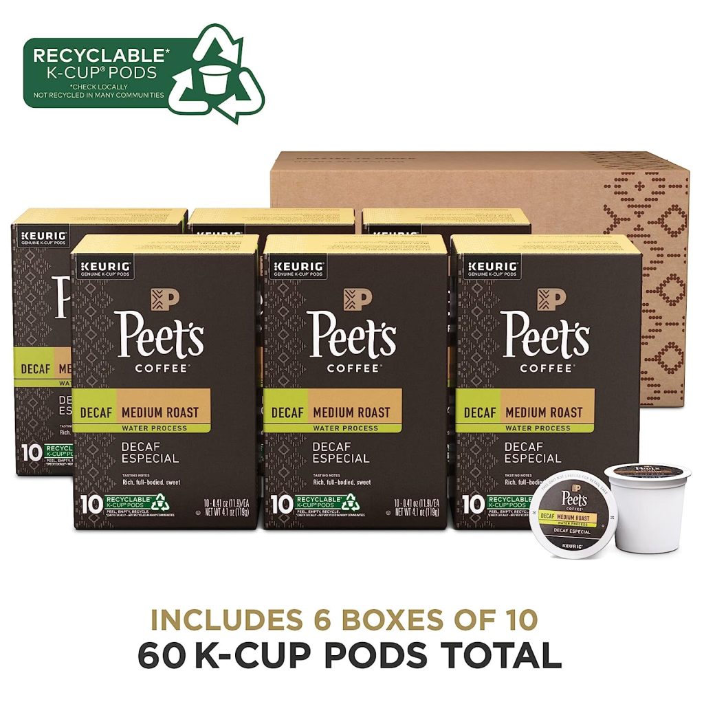 Peet’s Coffee Decaf Especial Medium Roast K-Cup Pods, 60 Count, Compatible with Keurig Brewers