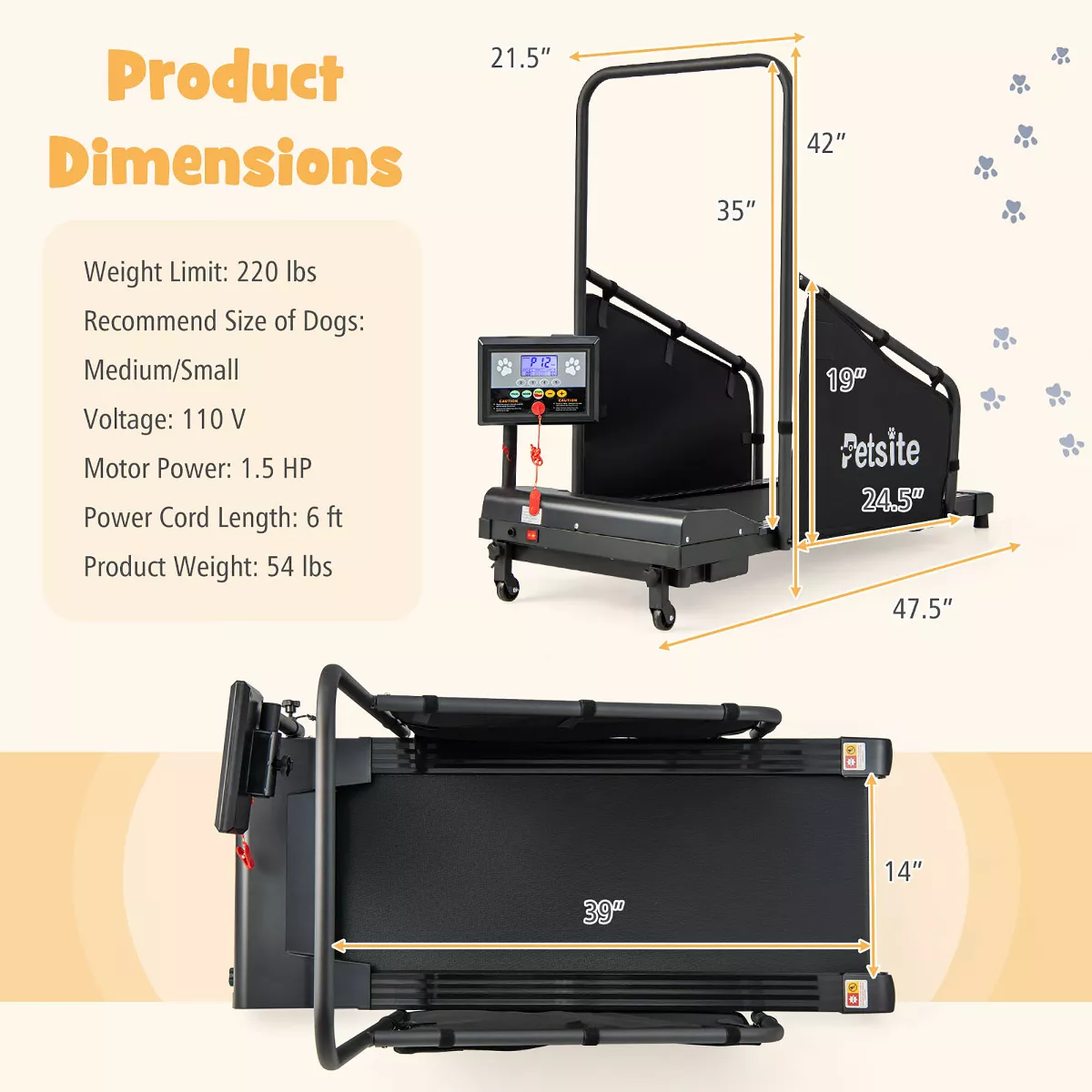 Petsite Dog Treadmill for Small/Medium Dogs Indoors Pet Running Training Machine