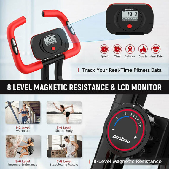 Pooboo X819 Foldable Exercise Bike, 8-Level Magnetic Resistance, LCD Monitor, 300-350lb Capacity, Indoor Cycling Fitness Equipment