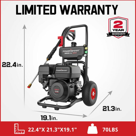 PowerSmart 3200PSI Gas Pressure Washer, 208cc Engine, 5 Nozzles, Soap Tank, 25ft Hose, Portable, CARB Compliant