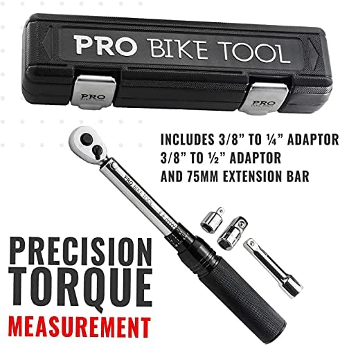 PRO BIKE TOOL 3/8 Inch Drive Click Torque Wrench Set  10 to 60 Nm – Bicycle Maintenance Kit for Road & Mountain Bikes - Motorcycle Multitool - 1/2" & 1/4" Adapters  Extension Bar and Storage Box