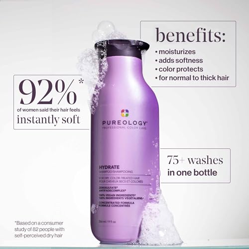 Pureology Hydrate Moisturizing Shampoo | Softens and Deeply Hydrates Dry Hair | For Medium to Thick Color Treated Hair | Sulfate-Free | Vegan