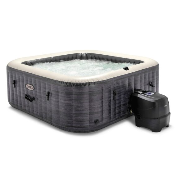 PureSpa Plus 6 Person Portable Inflatable Square Hot Tub Spa with 170 Bubble Jets and Built in Heater Pump, Greystone