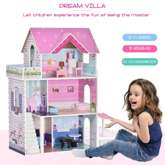 Qaba Kids Wooden Multi-Level Dream House Villa Kit with Furniture and Accessories