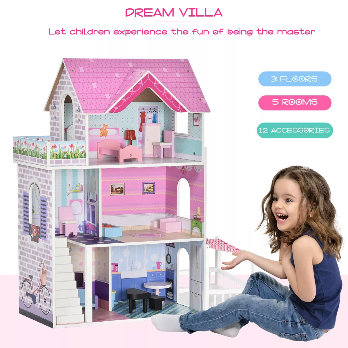 Qaba Kids Wooden Multi-Level Dream House Villa Kit with Furniture and Accessories