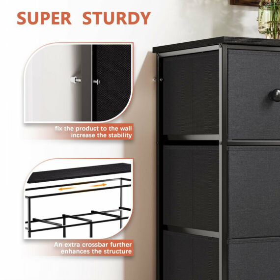 REAHOME 8 Drawer Dresser, Modern Bedroom Chest with Sturdy Steel Frame and Fabric Drawers, Dark Gray