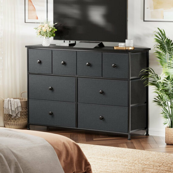 REAHOME 8 Drawer Dresser, Modern Bedroom Chest with Sturdy Steel Frame and Fabric Drawers, Dark Gray
