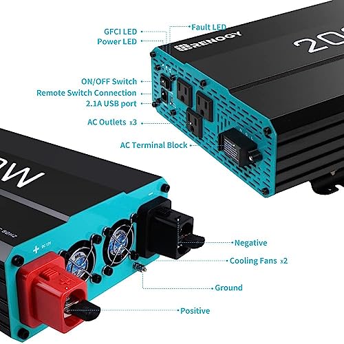 Renogy 2000W Pure Sine Wave Inverter 12V DC to 120V AC Converter for Home, RV