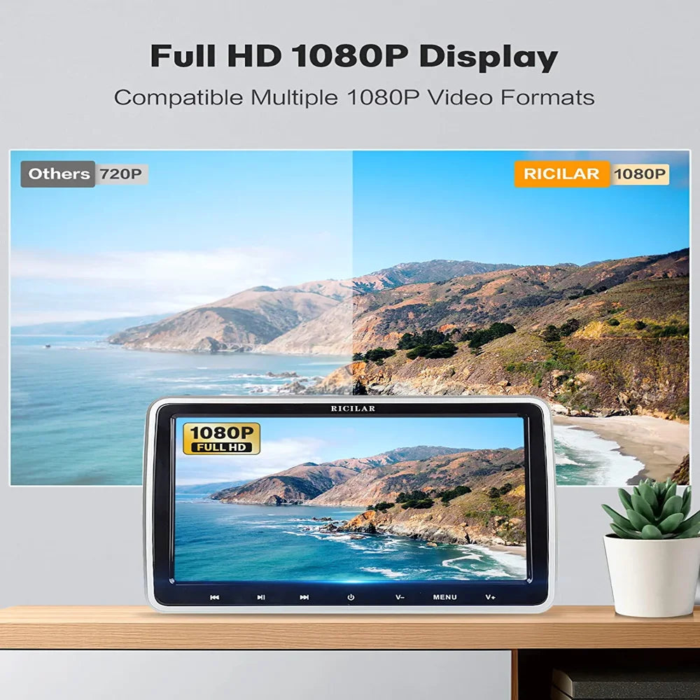 RICILAR 10.5″ Dual Screen Portable Car DVD Player, HD, Multi-Format, Includes Headphones & Mounts