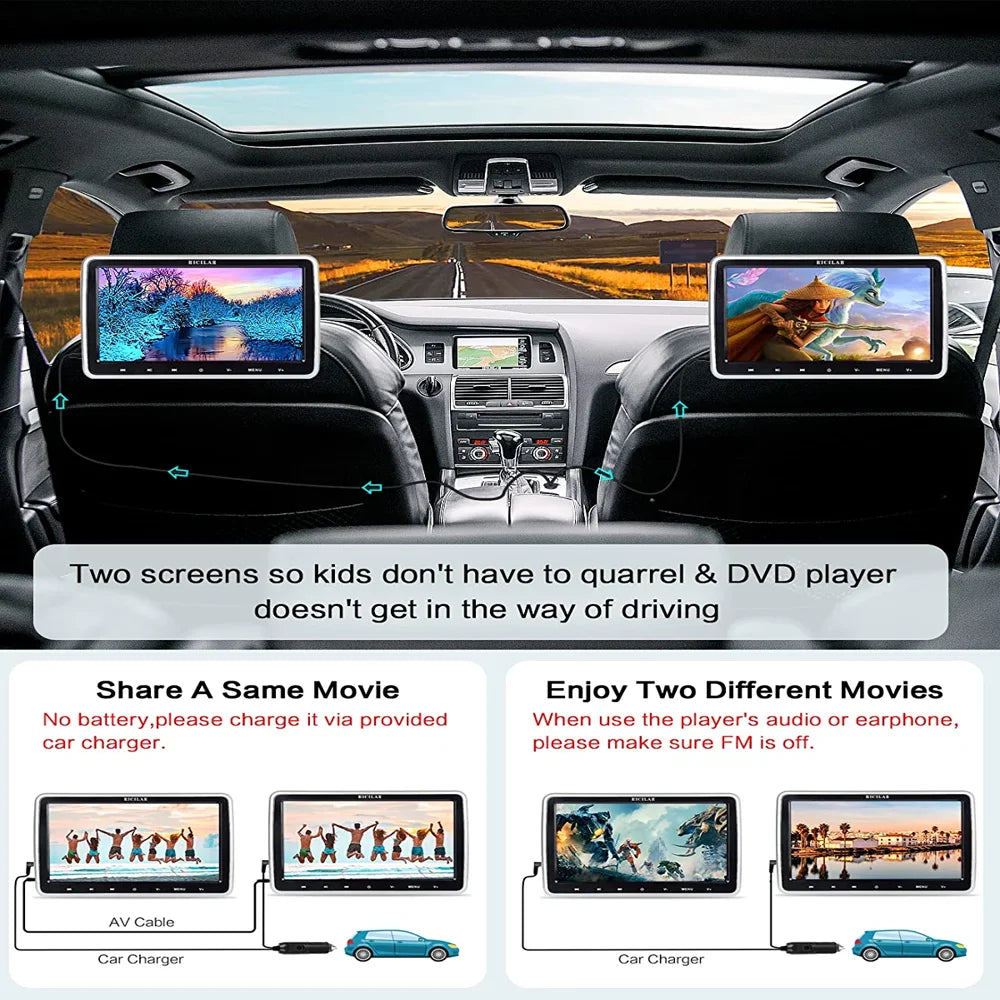 RICILAR 10.5" Dual Screen Portable Car DVD Player, HD, Multi-Format, Includes Headphones & Mounts