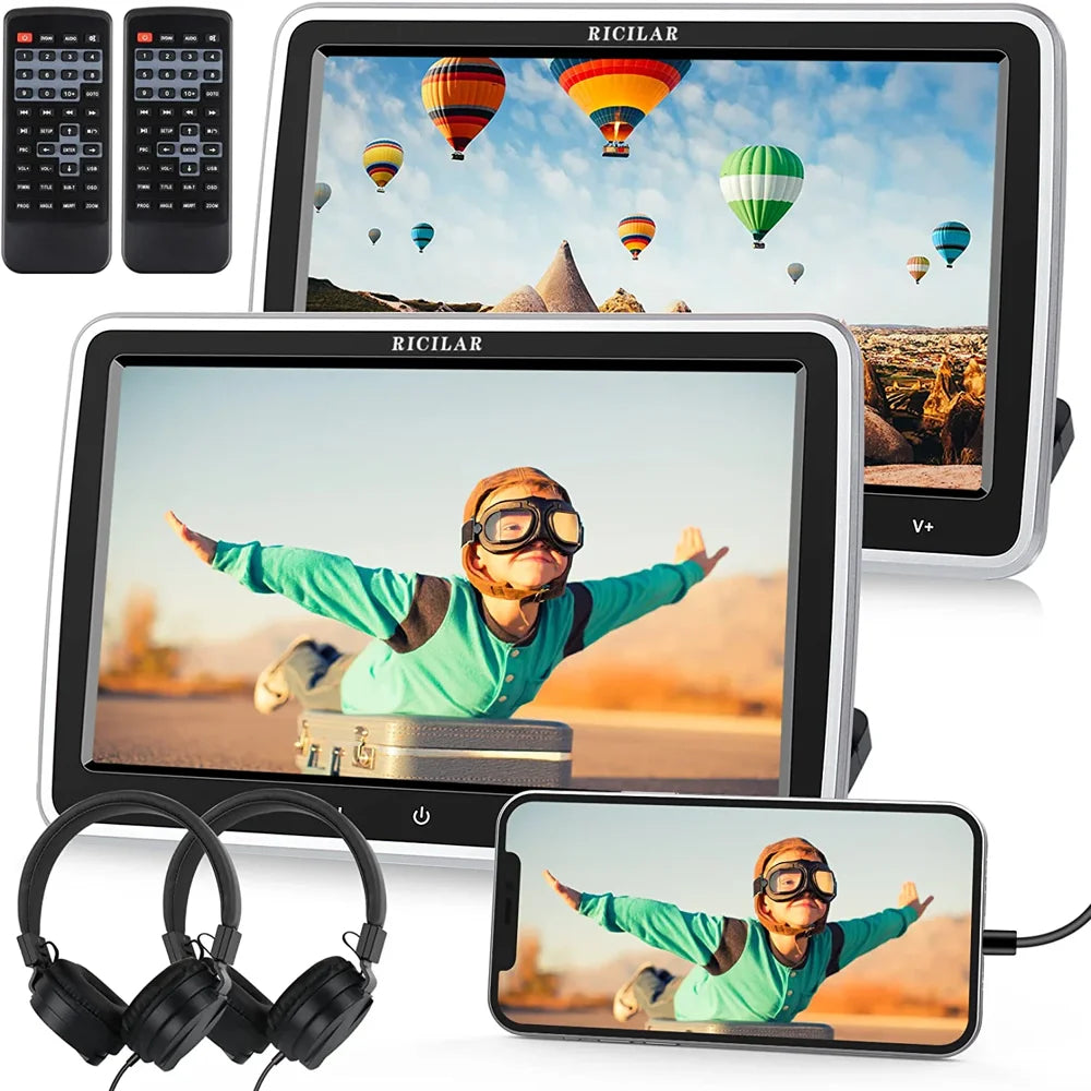 RICILAR 10.5" Dual Screen Portable Car DVD Player, HD, Multi-Format, Includes Headphones & Mounts