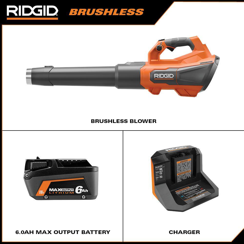 RIDGID 18V Brushless Cordless Leaf Blower, 510 CFM, 130 MPH, with 6.0Ah Battery & Charger