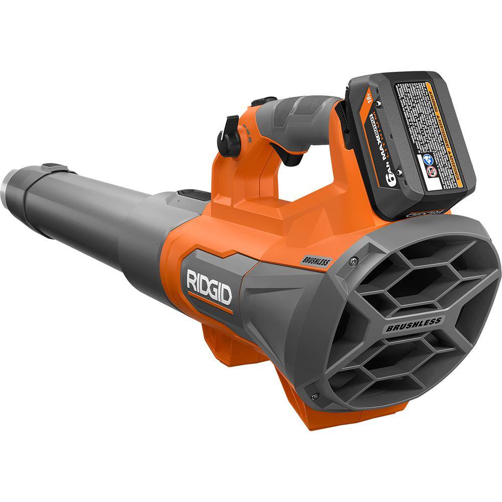 RIDGID 18V Brushless Cordless Leaf Blower, 510 CFM, 130 MPH, with 6.0Ah Battery & Charger