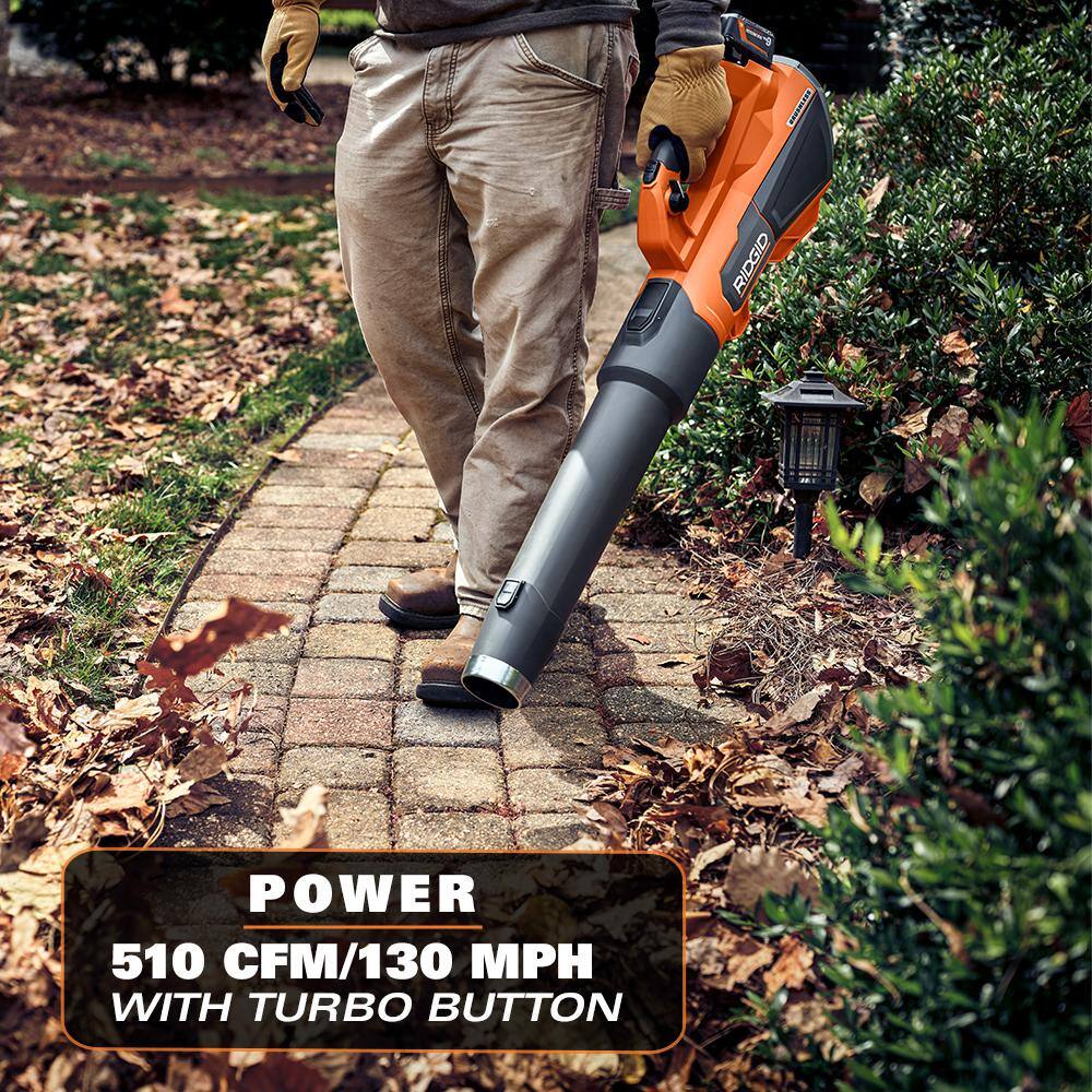 RIDGID 18V Brushless Cordless Leaf Blower, 510 CFM, 130 MPH, with 6.0Ah Battery & Charger