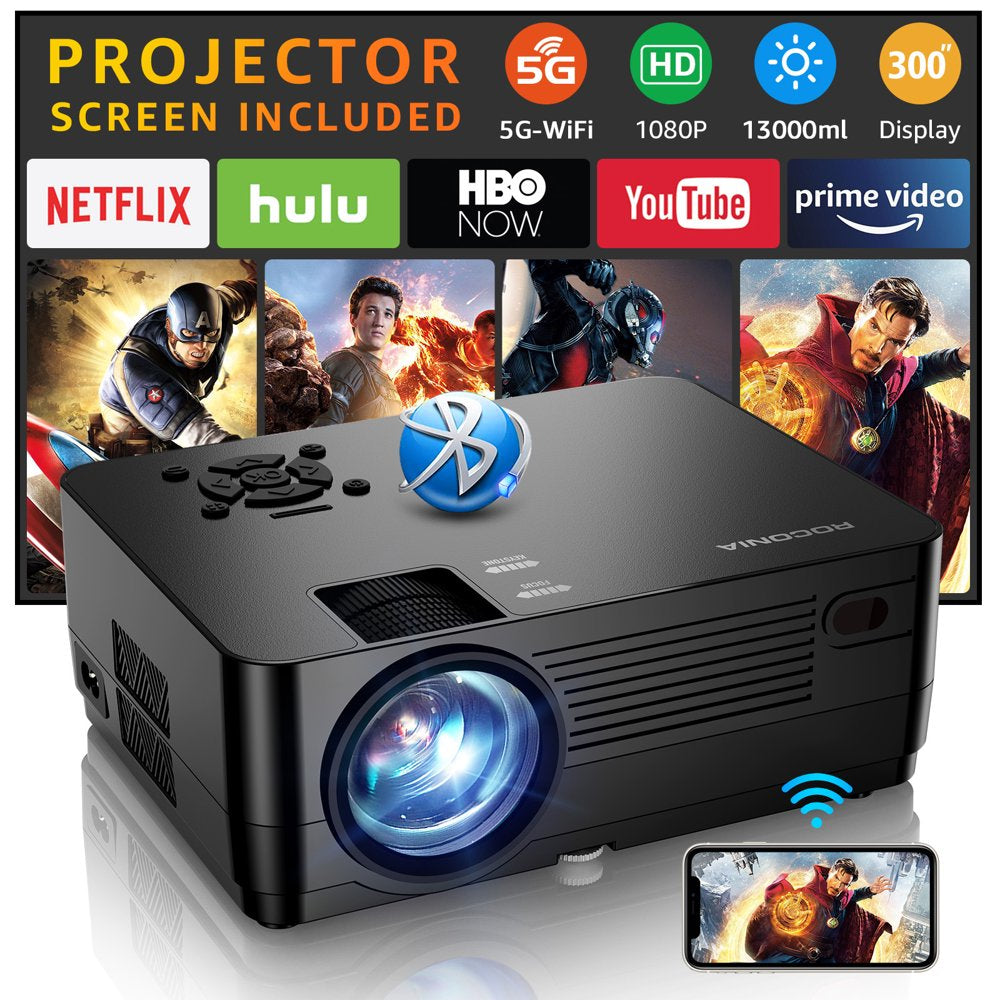 Roconia 1080P 5G WiFi Bluetooth Projector, 13000LM, 4K Support, 300" Display, Home Theater with Screen