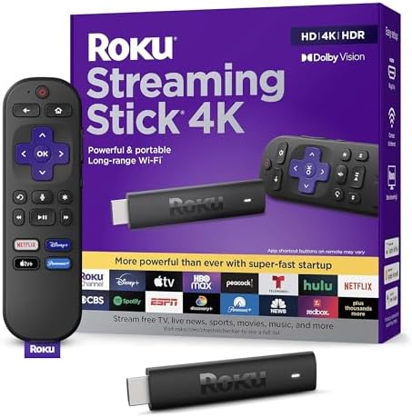 Roku Streaming Stick 4K | Portable Roku Streaming Device 4K/HDR/Dolby Vision  Roku Voice Remote  Free & Live TV