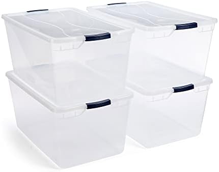Rubbermaid Cleverstore Clear 95 Qt  4-Pack  Made in USA  Stackable Large Clear Storage Bins with Lids  See-Through Plastic Storage  with Latching Lids  BPA-Free