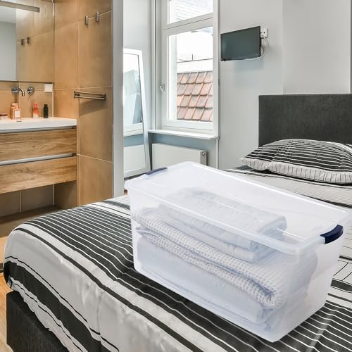 Rubbermaid Cleverstore Clear 95 Qt 4-Pack Made in USA Stackable Large Clear Storage Bins with Lids See-Through Plastic Storage with Latching Lids BPA-Free