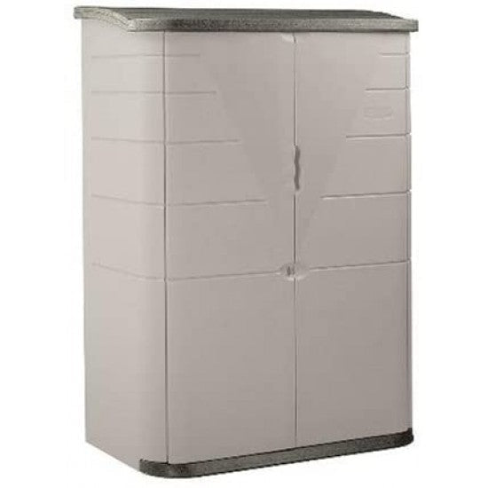 rubbermaid vertical resin weather resistant outdoor garden storage shed olive and sandstone