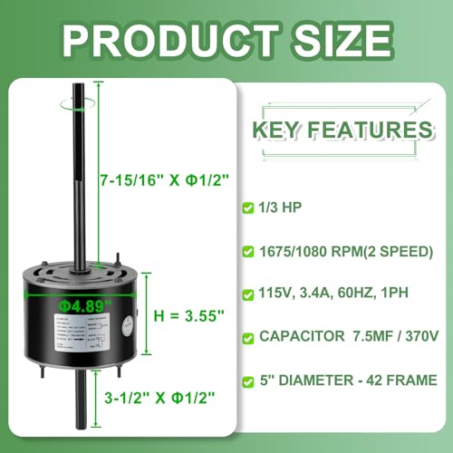RV Air Conditioner Motor with Capacitor  Direct Replacement for Coleman Mach RV AC Fan Motor  Replaces Fasco D1092  1/3 HP  115 Volts  1675 RPM  5-Year Warranty