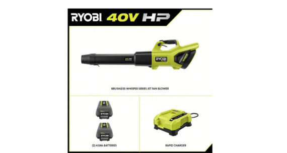 RYOBI 40V HP Brushless Whisper Series Leaf Blower, 730 CFM, 190 MPH, Cordless, Includes 2x 4.0 Ah Batteries & Charger, Quiet 57 dB