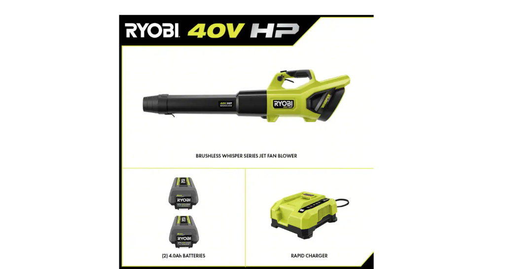 RYOBI 40V HP Brushless Whisper Series Leaf Blower, 730 CFM, 190 MPH, Cordless, Includes 2x 4.0 Ah Batteries & Charger, Quiet 57 dB