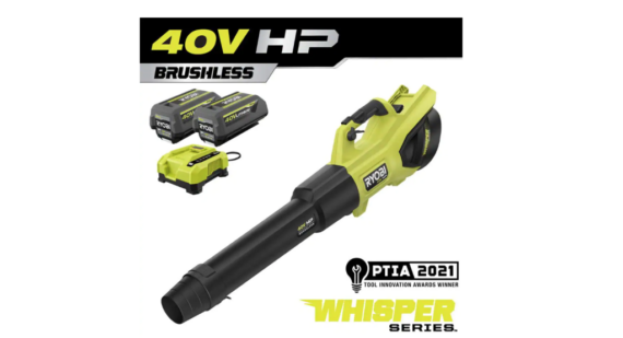 RYOBI 40V HP Brushless Whisper Series Leaf Blower, 730 CFM, 190 MPH, Cordless, Includes 2x 4.0 Ah Batteries & Charger, Quiet 57 dB