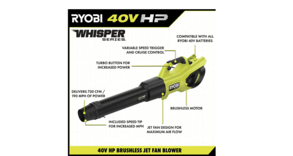 RYOBI 40V HP Brushless Whisper Series Leaf Blower, 730 CFM, 190 MPH, Cordless, Includes 2x 4.0 Ah Batteries & Charger, Quiet 57 dB