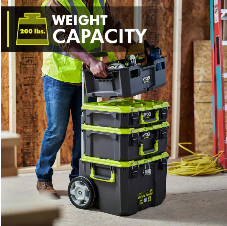 RYOBI LINK Modular Storage Set: Rolling, Medium & Standard Tool Boxes, Impact Resistant, IP65 Rated, Green