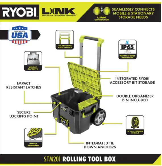 RYOBI LINK Modular Storage Set: Rolling, Medium & Standard Tool Boxes, Impact Resistant, IP65 Rated, Green
