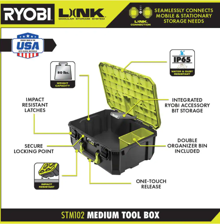RYOBI LINK Modular Storage Set: Rolling, Medium & Standard Tool Boxes, Impact Resistant, IP65 Rated, Green