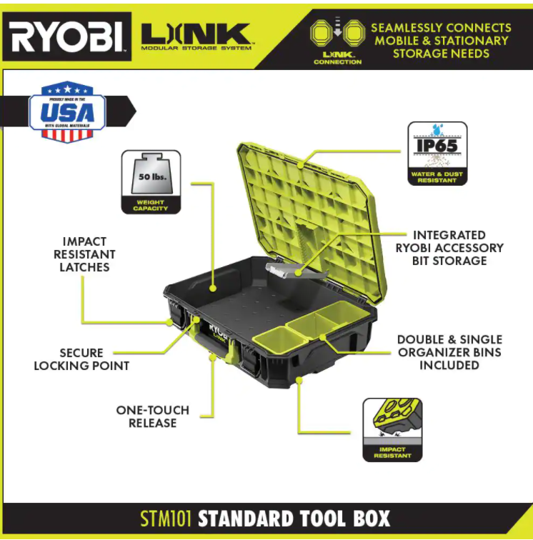 RYOBI LINK Modular Storage Set: Rolling, Medium & Standard Tool Boxes, Impact Resistant, IP65 Rated, Green