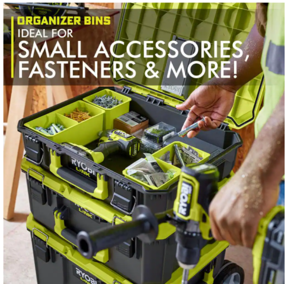 RYOBI LINK Modular Storage Set: Rolling, Medium & Standard Tool Boxes, Impact Resistant, IP65 Rated, Green