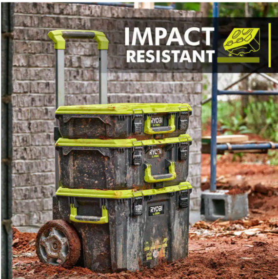 RYOBI LINK Modular Storage Set: Rolling, Medium & Standard Tool Boxes, Impact Resistant, IP65 Rated, Green