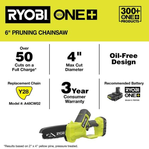 RYOBI ONE+ 18V 6" Cordless Pruning Chainsaw Tool Only - Compact, Tool-less Tensioning, Oil-Free, 3-Year Warranty
