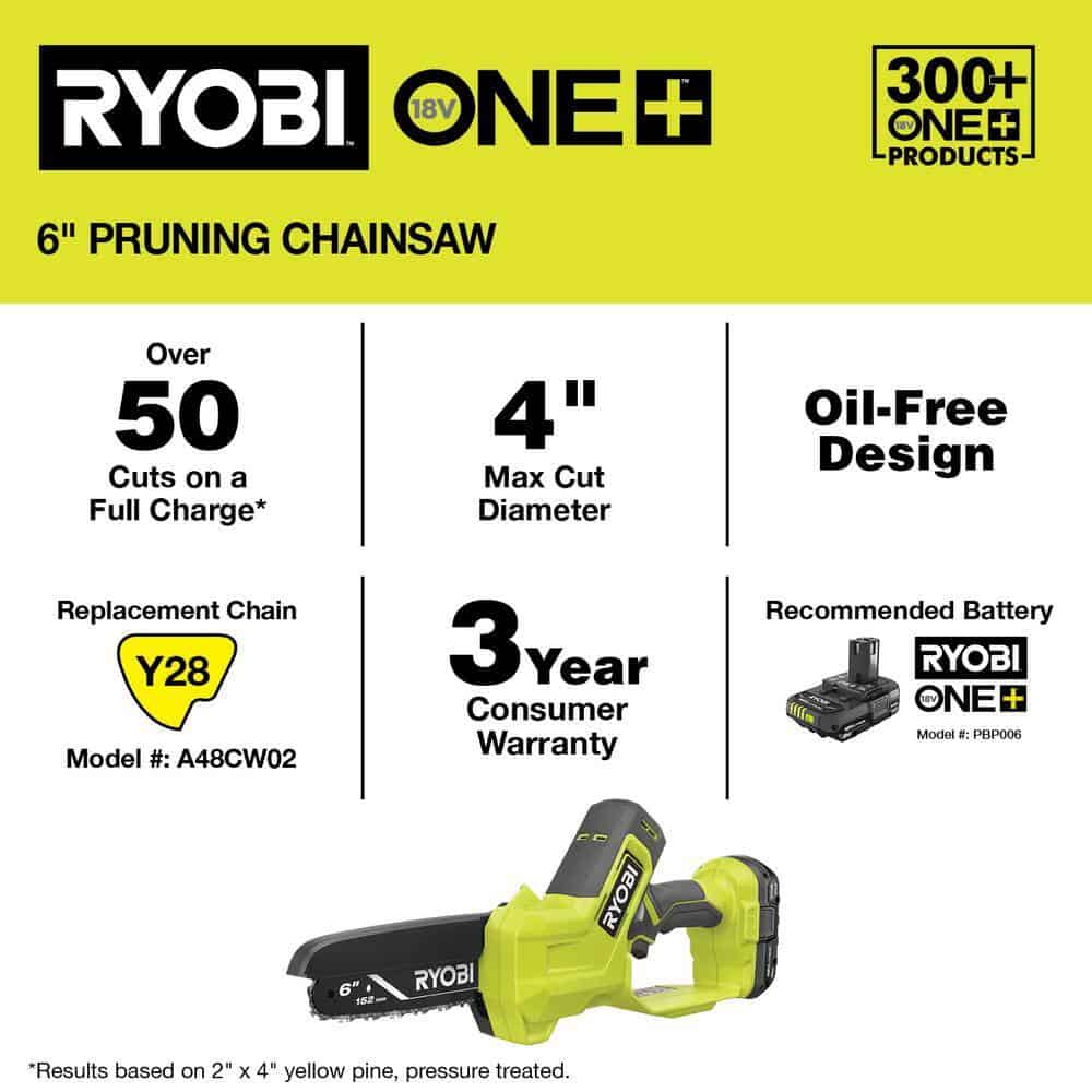 RYOBI ONE+ 18V 6" Cordless Pruning Chainsaw Tool Only - Compact, Tool-less Tensioning, Oil-Free, 3-Year Warranty
