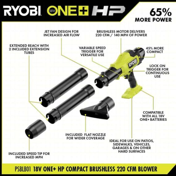 RYOBI ONE+ HP 18V Brushless Cordless Compact Blower, 220 CFM, 140 MPH, Tool-Only