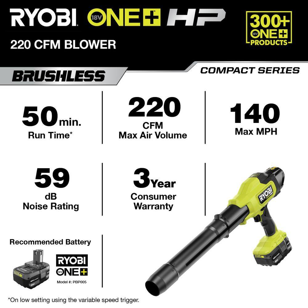 RYOBI ONE+ HP 18V Brushless Cordless Compact Blower, 220 CFM, 140 MPH, Tool-Only