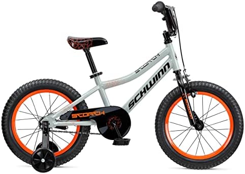 Schwinn Scorch BMX Style Kids Bike  For Boys and Girls Ages 3-7 Years  16-Inch Wheels  Training Wheels Included  Cross Bar Pad and Number Plate  Rider Height 38 to 48 Inches  Grey