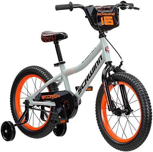 Schwinn Scorch BMX Style Kids Bike  For Boys and Girls Ages 3-7 Years  16-Inch Wheels  Training Wheels Included  Cross Bar Pad and Number Plate  Rider Height 38 to 48 Inches  Grey