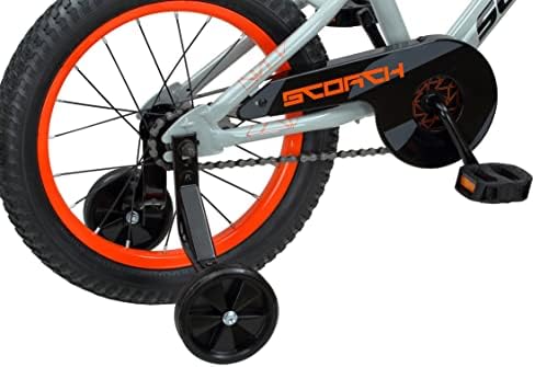 Schwinn Scorch BMX Style Kids Bike  For Boys and Girls Ages 3-7 Years  16-Inch Wheels  Training Wheels Included  Cross Bar Pad and Number Plate  Rider Height 38 to 48 Inches  Grey