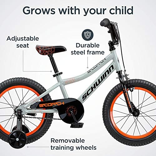 Schwinn Scorch BMX Style Kids Bike  For Boys and Girls Ages 3-7 Years  16-Inch Wheels  Training Wheels Included  Cross Bar Pad and Number Plate  Rider Height 38 to 48 Inches  Grey