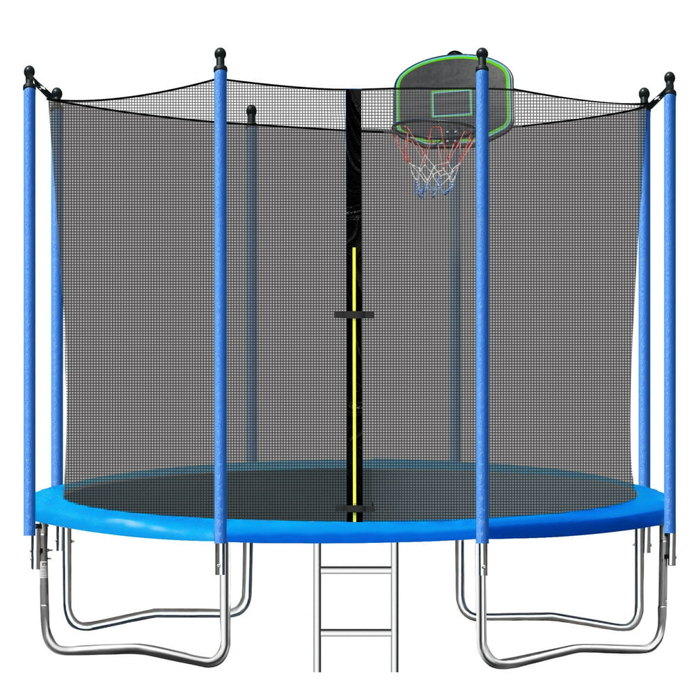 SEGMART 10Ft Kids Trampoline with Enclosure, Ladder & Basketball Hoop - Blue, Weather-Resistant Steel