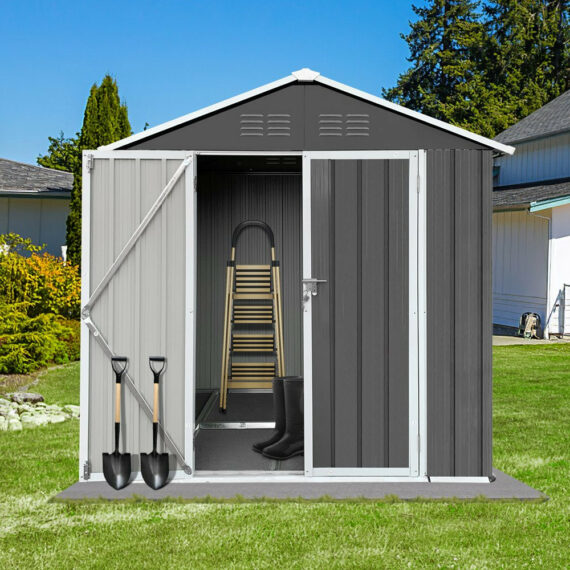 Seizeen 6' x 4' Galvanized Steel Outdoor Storage Shed with Lockable Doors, Rustproof & UV-Resistant, Dark Gray