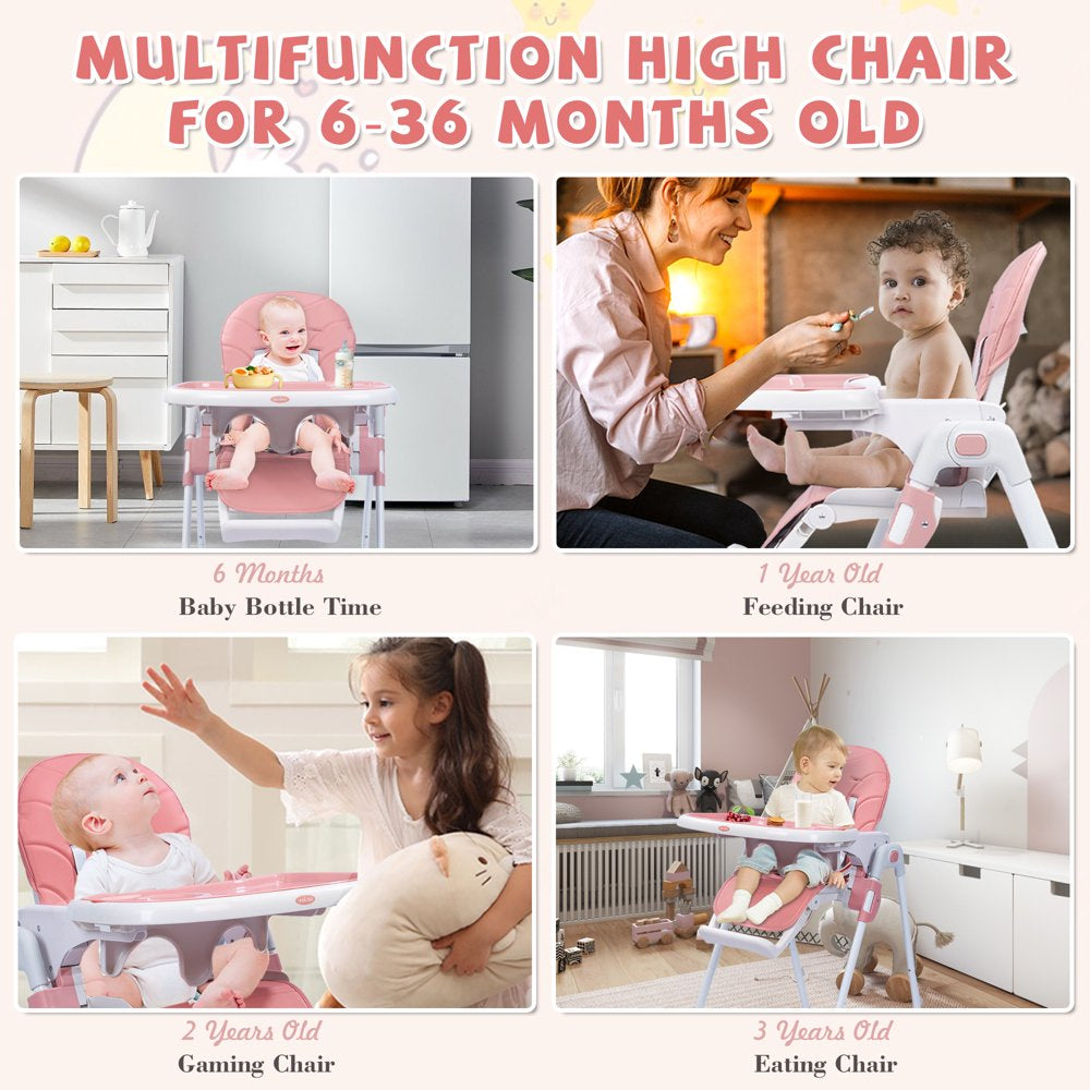 SEJOY Foldable Adjustable Baby High Chair, 3-in-1, Pink, for 6-36 Months, Portable with Safety Harness