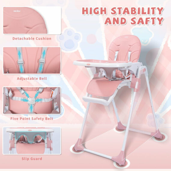 SEJOY Foldable Adjustable Baby High Chair, 3-in-1, Pink, for 6-36 Months, Portable with Safety Harness